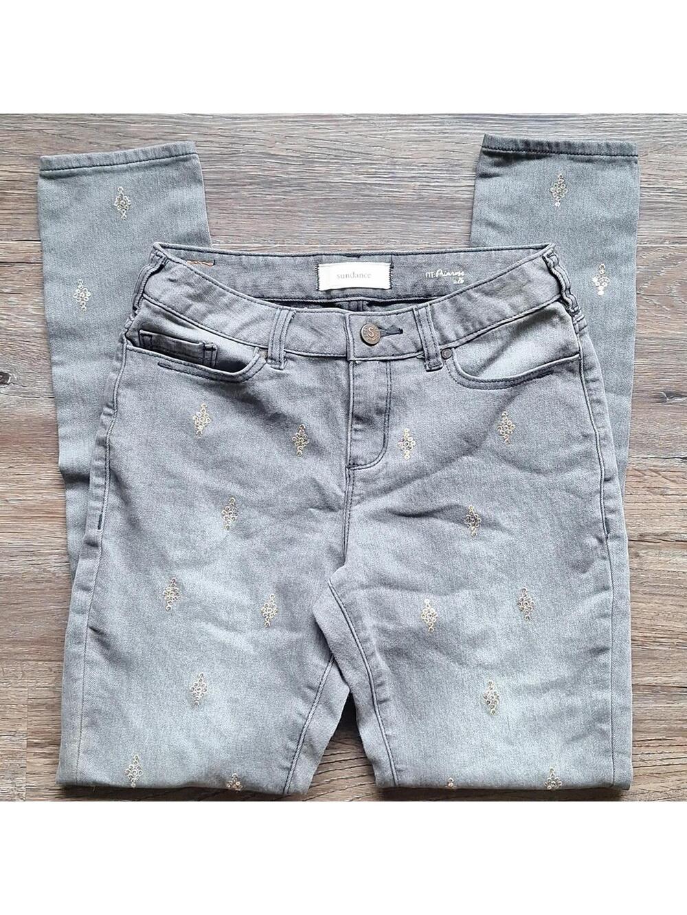 Sundance Primrose Fit Gray Sequin Diamond Skinny Straight Jean Size 26